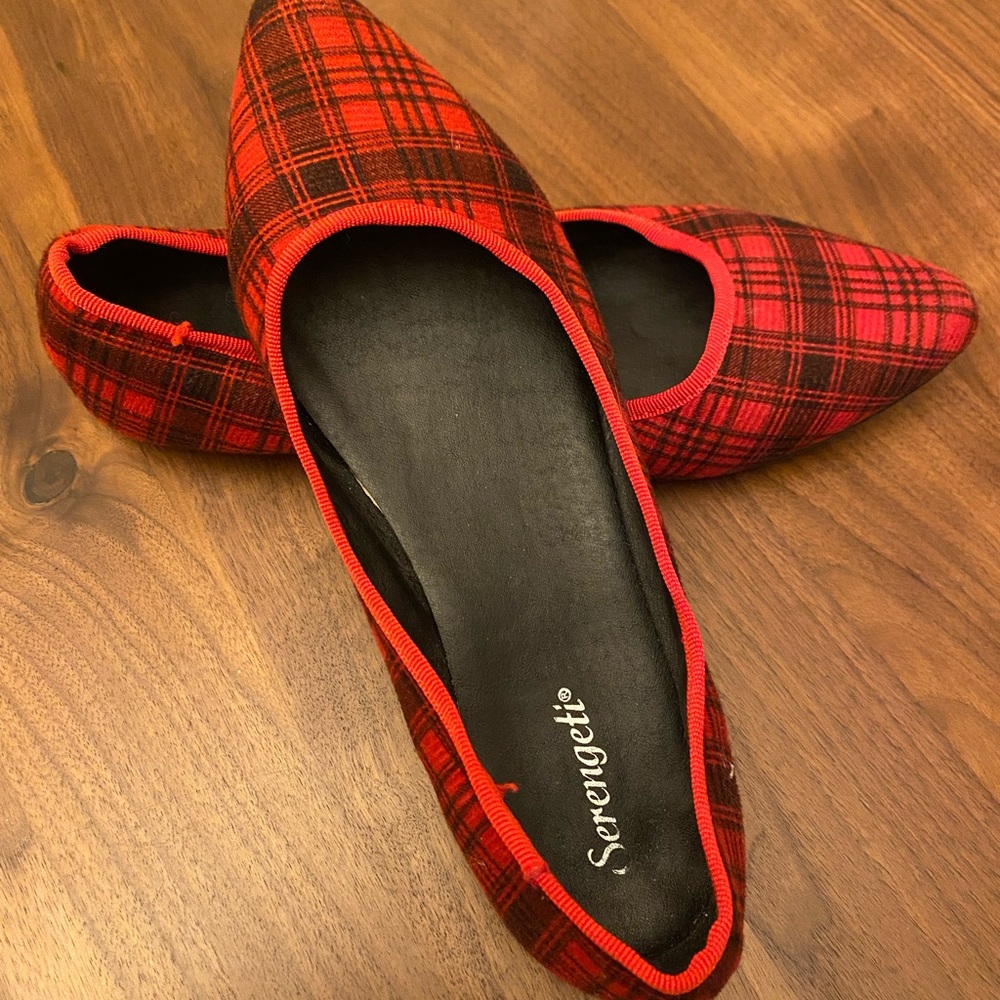 Serengeti Red and Black Plaid Pointed Toe Flats
